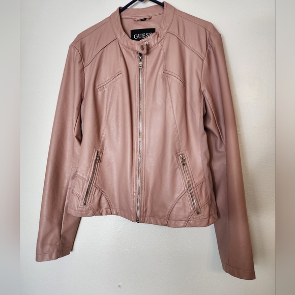 Guess Faux Leather Biker Jacket Moto Coat Light Pink Full Zip - Picture 14 of 14